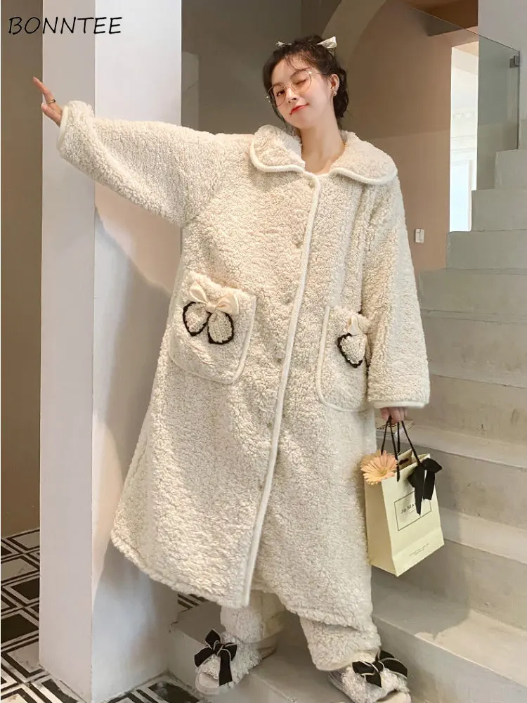 Plus-velvet Warm Gown Sets Women New Winter Sleepwear Thick Sweetheart Girls Chic Fluffy Loose Home Bow Designed Pockets Popular