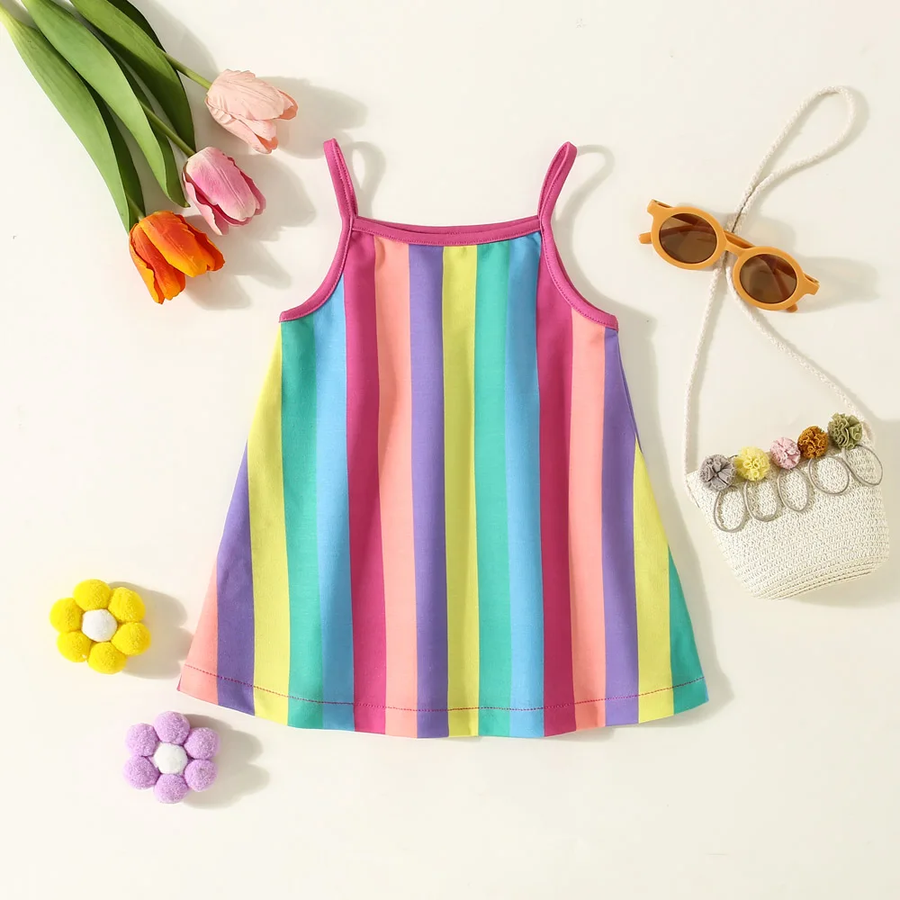 

Newborn Baby Dress Korean Style Rainbow Stripes Comfortable Sling Dress Kids Beach Outing Clothes