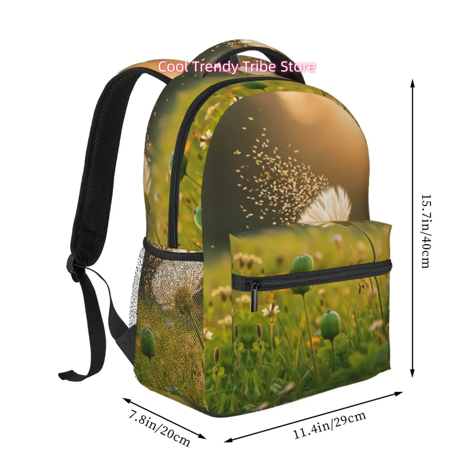 Golden Hour Dandelion Print Backpack - High Quality Oxford Cloth Bookbag with Adjustable Straps & Zipper Closure, Lightweight Da