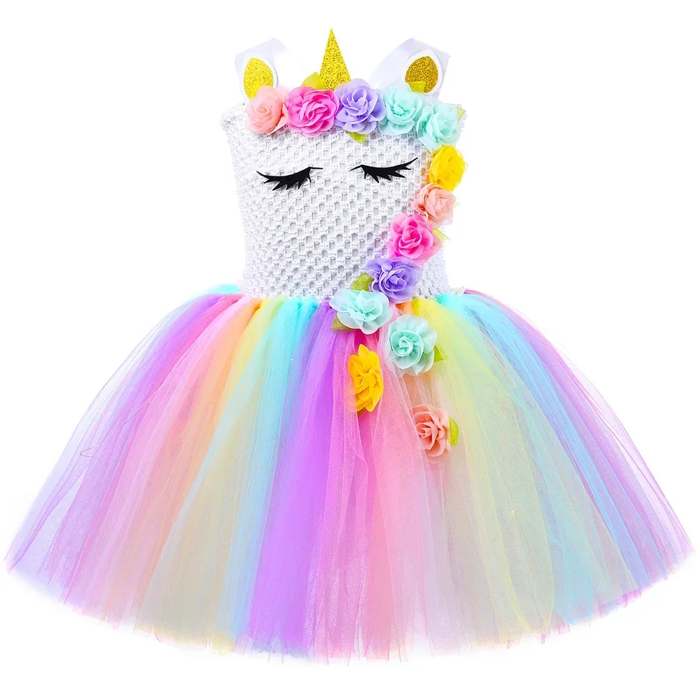 Gaun putri Unicorn anak perempuan, gaun pesta ulang tahun anak perempuan, gaun Tutu bunga, kostum Halloween, Vestidos