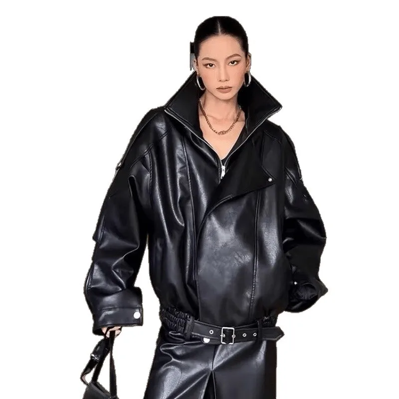 Women's PU Leather Coat Distressed Jacket American Retro Streetwear Loose Fit Lapel Collar Spring Autumn Moto Biker Coat