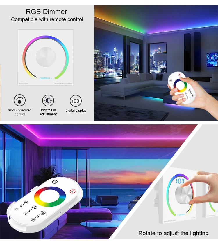 LED DimmerController touch knob dimmer CCT RGB DC12V-24V 6A Wall Mounted Panel Wall switch Wireless controller