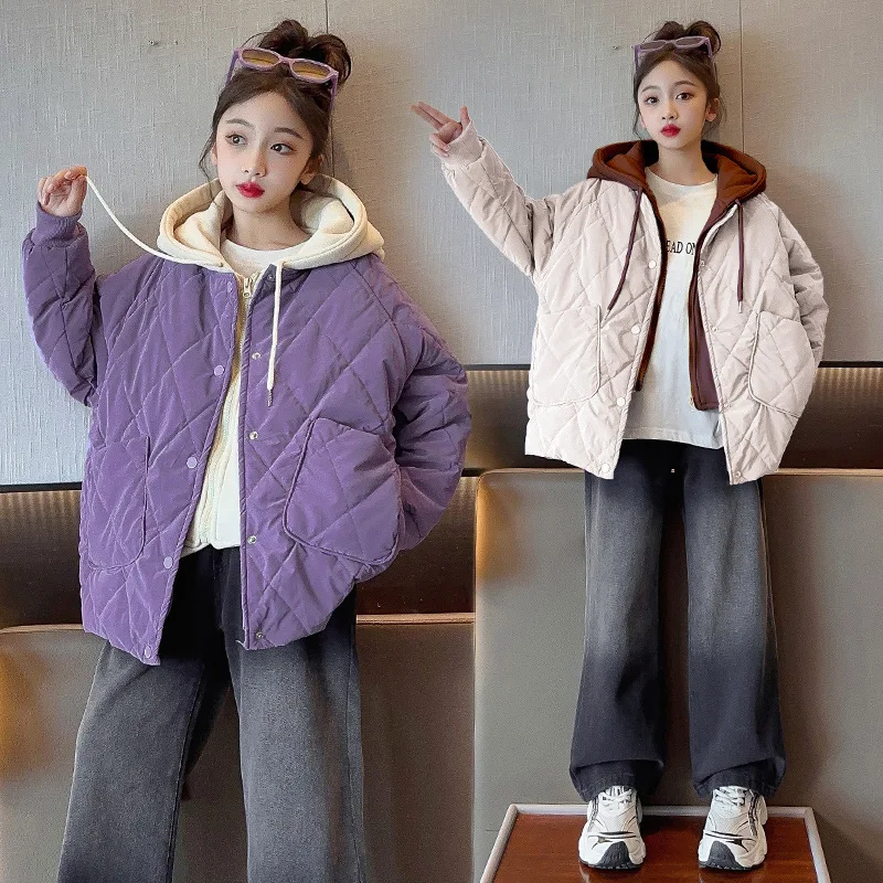 

2024 Korean Winter Teenager Girl Hooded Cotton Jacket Elementary Girl Fake Two Pieces Outwear Junior Girl Color Blocking Coat