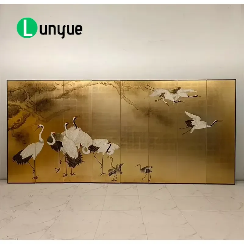 Japanese Gold Leaf Room Divider Solid Wood Folding Screen with Crane Pattern Decorative Partition for Living Room Villa
