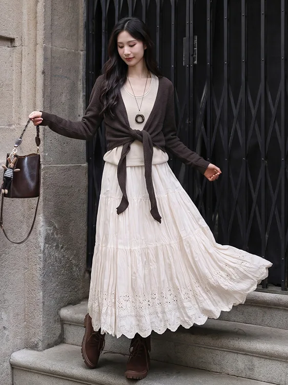 Elegant Beige Tiered Midi Skirt For Women High Waist Elastic Waistband Hollow Embroidery Ruffled Flowy Swing Casual Long Bottoms