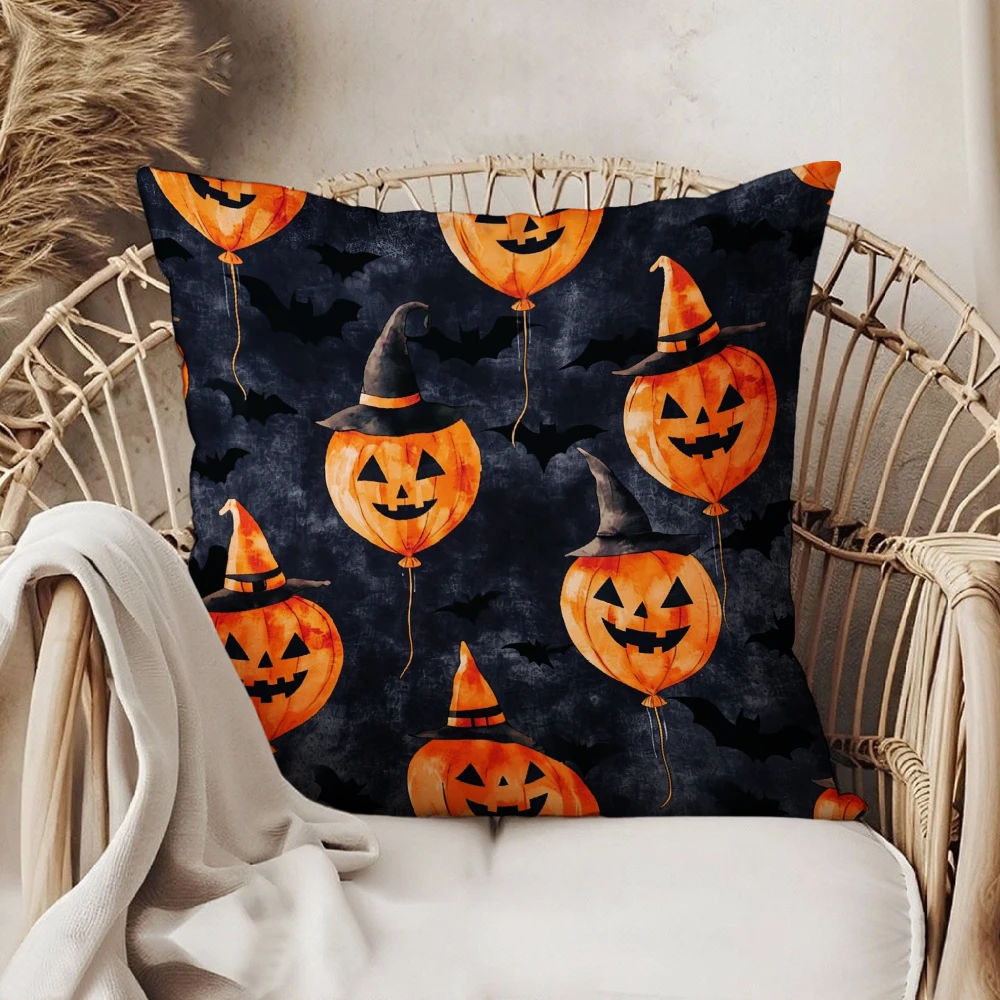 Halloween Decorative Pillow Cover Dark Blue Pumpkin With Witch Hat And Bat Print For Living Room Sofa Bedroom Home Decoration