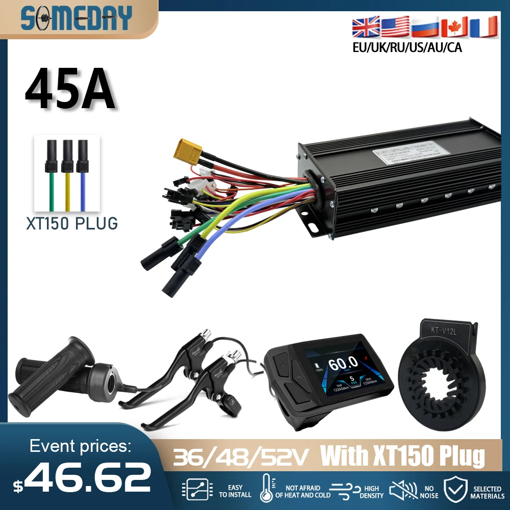 

36V/48V/52V Ebike Motor And Speed Controller 45A 3-Mode Sine to Square Wave Converter with UKC1 LCD Display for Electric Bikes