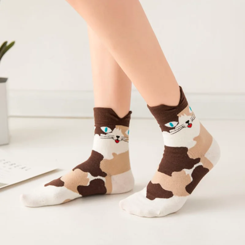 New Autumn Winter Warm Cute Cat Ear Socks Cartoon Animals Patterns Funny Socks Women\'s Pure Cotton Cat Eye Middle Tube Sock