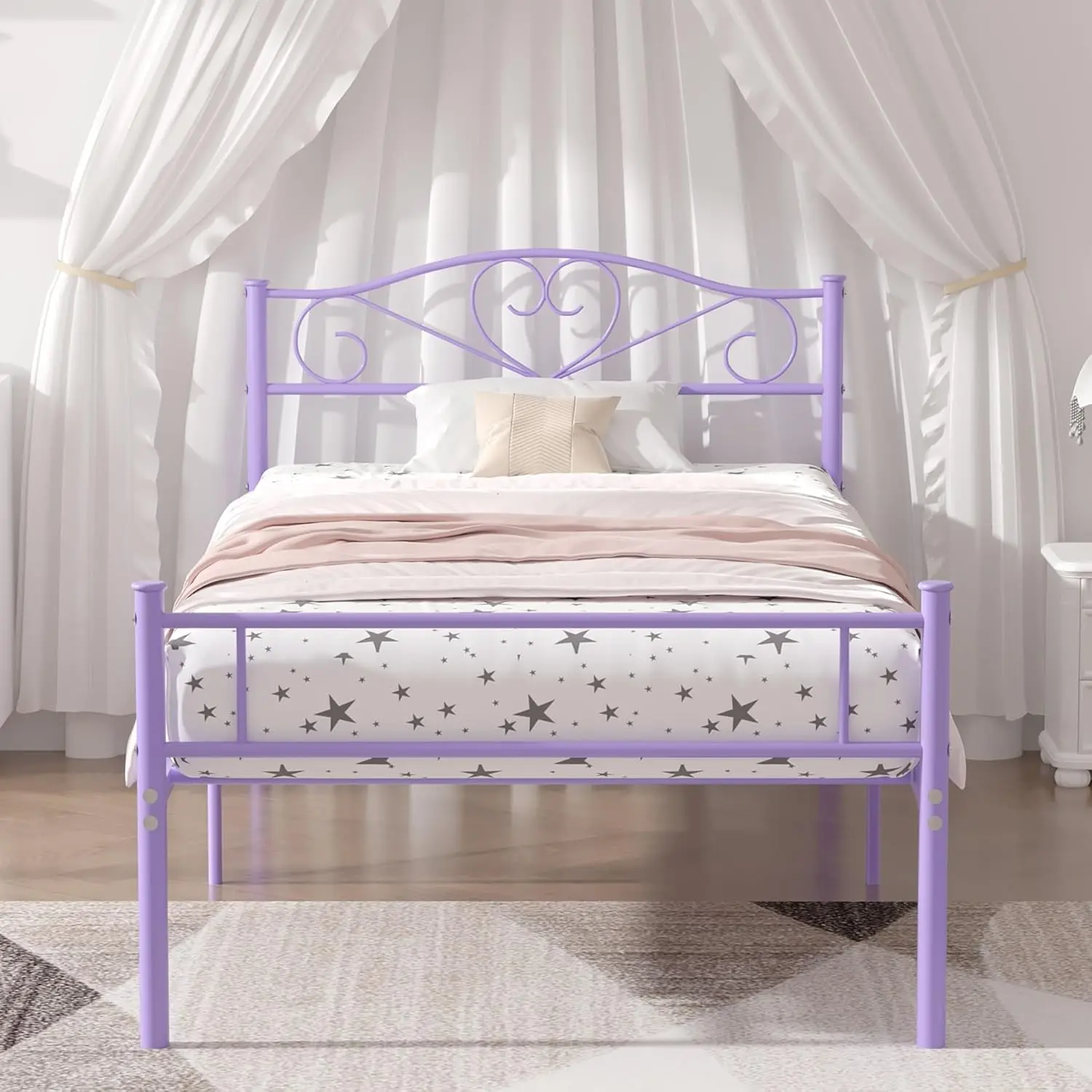 

14 Inch Twin Size Metal Platform Bed Frame with Headboard, Footboard, and Steel Slats Support - Purple