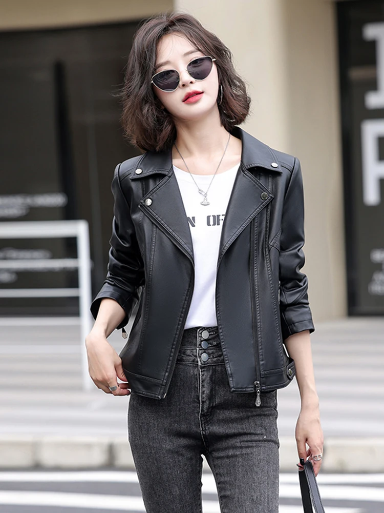   Ning Echtlederjacke für Damen, Kurzarm, 2025 Neue Frühjahrskollektion, Schlankmachende Mode, Motorrad-Schafslederjacke