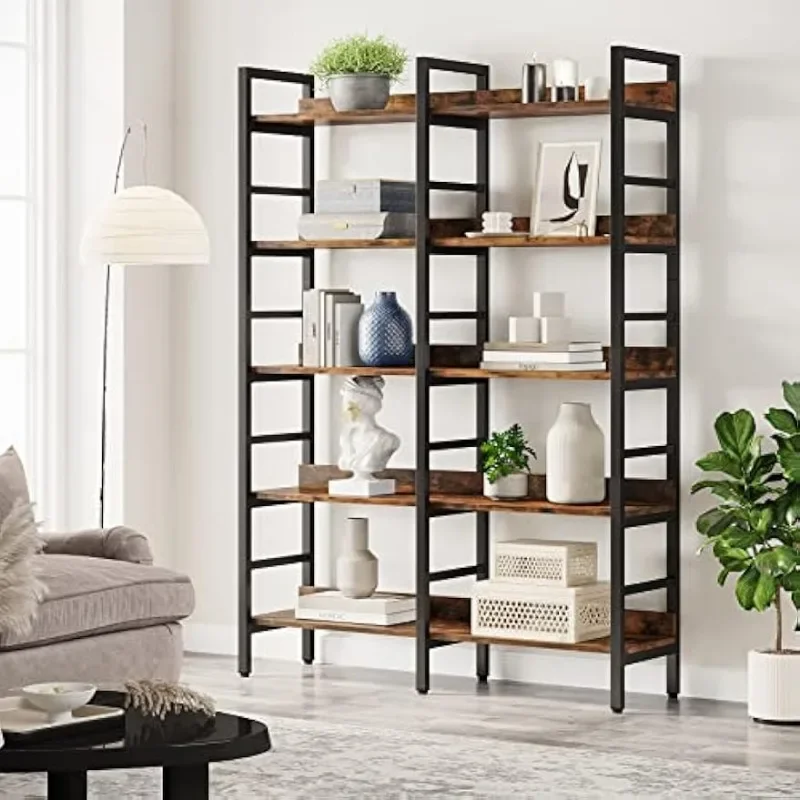 5-Tier Industrial Freestanding Double Wide Book Shelf for Storage and Display,Bookshelves for Living Room Home Office