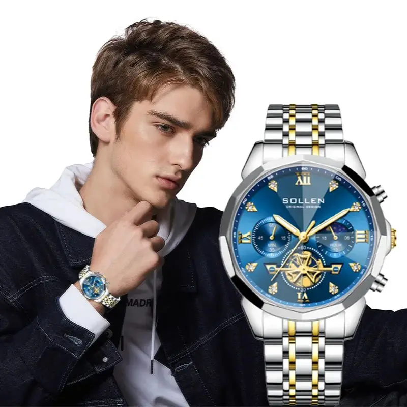 Men's Moon Phase Chronograph Watch, Ultra-Thin Automatic Day Date Watch with Stainless Steel Strap, Casual Dress Watch for Busin