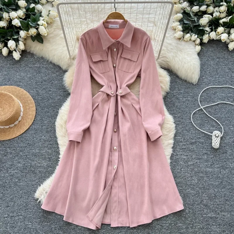 เดรสเชิ้ตกระดุมแถวเดียวสำหรับผู้หญิง สีพื้น ฤดูใบไม้ผลิ ฤดูใบไม้ร่วง ชุดเดรสสไตล์เกาหลี แฟชั่นหวานๆ ย้อนยุค ชุดเดรสยาว
