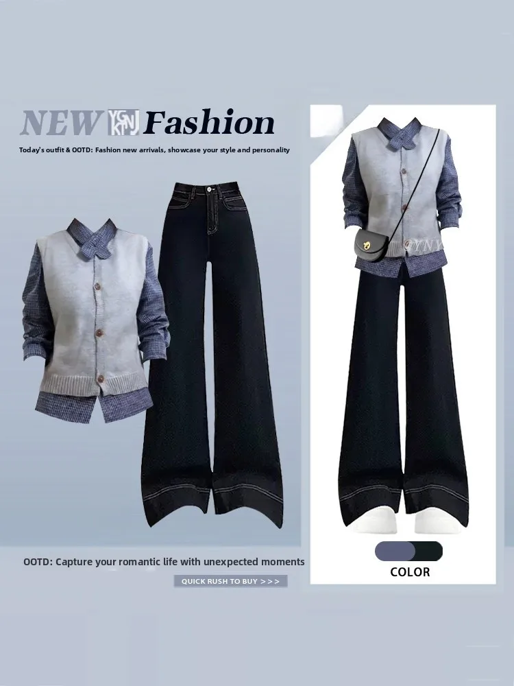 Faionable Knitted Denim Wide Leg Pants Tee Piece Set for Women Winter Striped irt Ele High Quali Ensemble