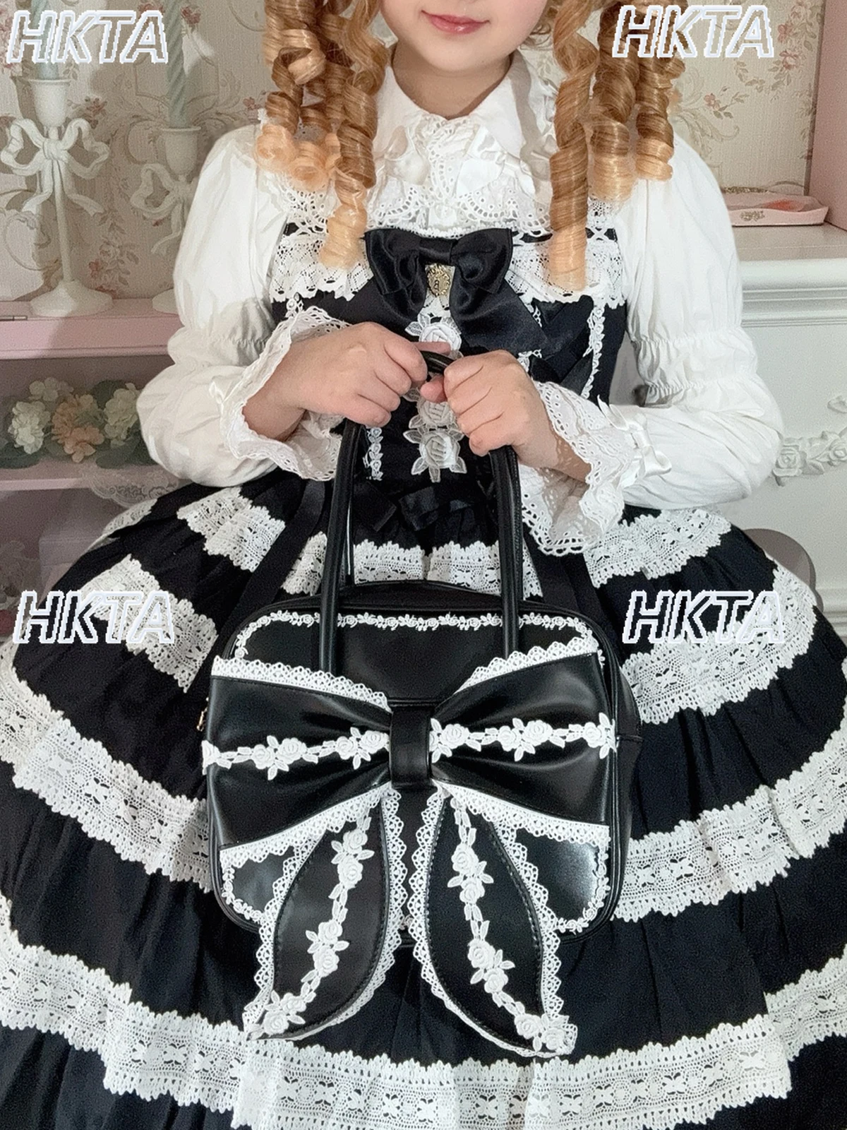 خمر أزياء إلكتروني سستة مربع القوس لوليتا حقائب النساء الحلو لطيف الدانتيل العتيقة لوس الوردي حمل الحقائب الإناث حقيبة يد من البولي يوريثان #4