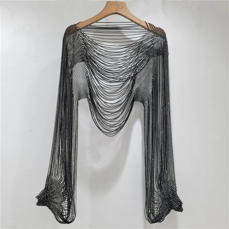 2026 Frühjahr/Sommer Neu Funkelnde Diamant-Halskette Accessoires Kleidung Crop Tops Quasten-Schal Mode Clubwear Langarm-Oberteil – Detail 3