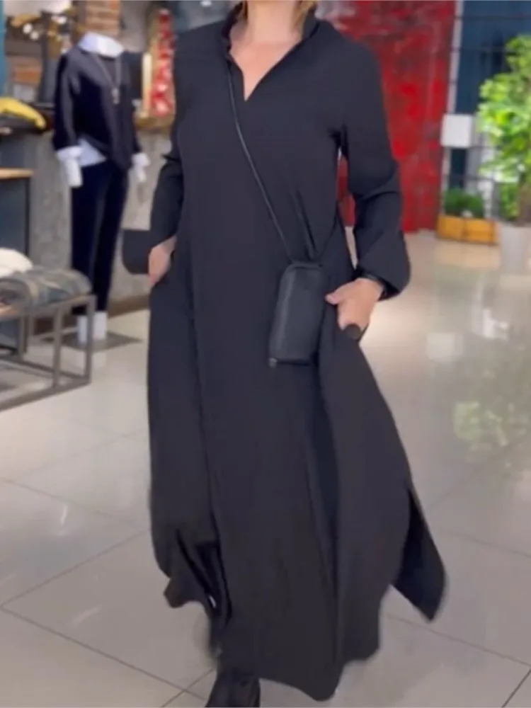 

Women Fashion Solid Maxi Dresses Casual Loose Long Sleeve V-neck Long Dress Female Autumn Winter Simple Elegant Ladies Vestidos