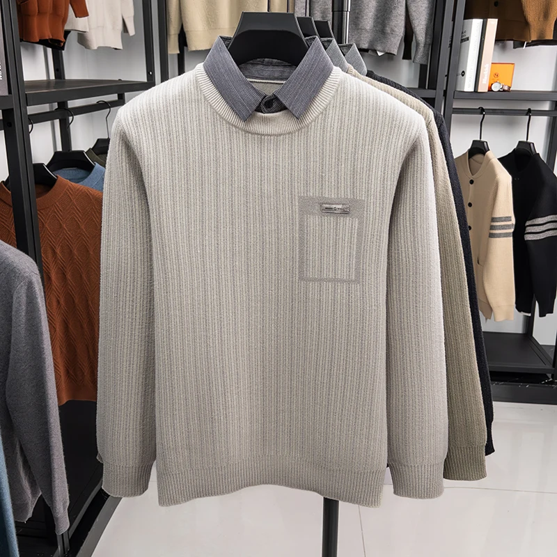 Men’s Knit Sweater Fake Two Piece Layered Design Long Sleeve Round Neck Pocket Detail Soft Fabric Casual Business Autumn Men’s