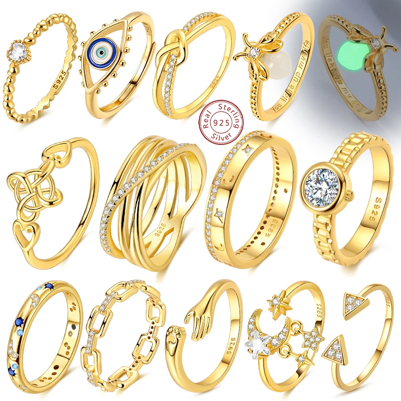 

Rings 925 Sterling Silver Gold Star Moon Heart Watch Firefly Ring Adjustable Ring for Original Women Girl Fashion Jewelry Gifts
