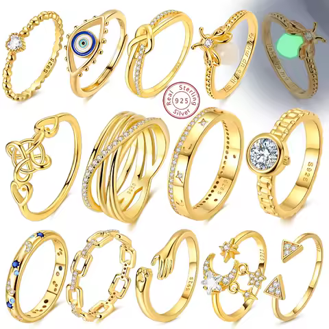 Rings 925 Sterling Silver Gold Star Moon Heart Watch Firefly Ring Adjustable Ring for Original Women Girl Fashion Jewelry Gifts