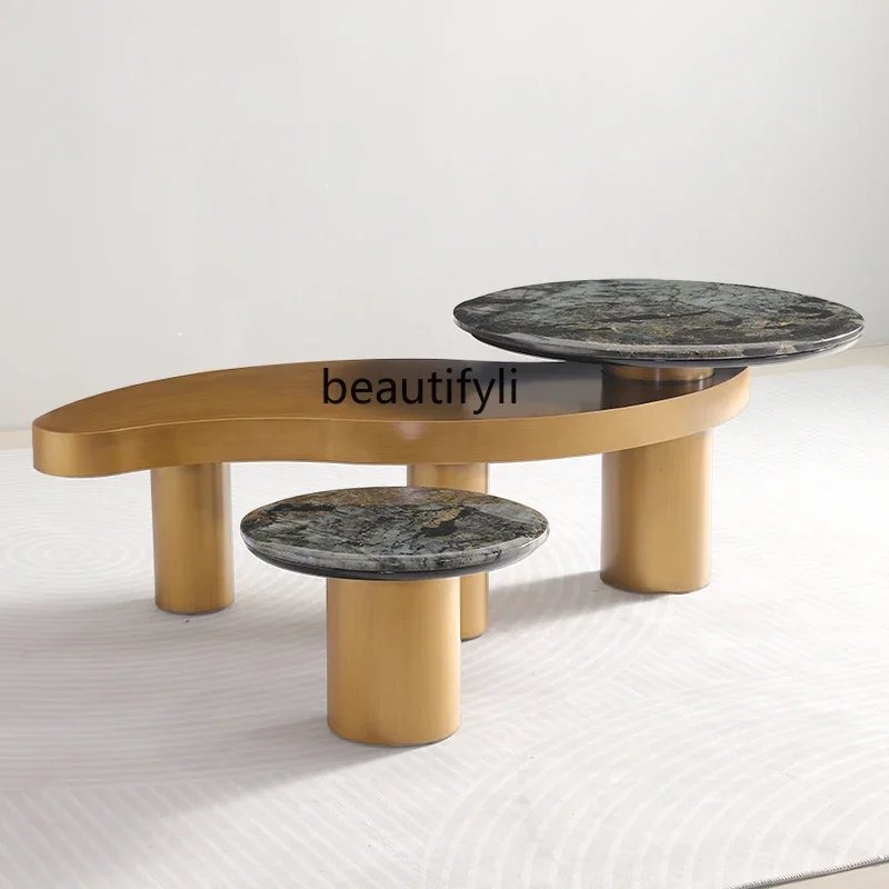 V Natural Luxury Stone Endtable Designer Model Special-Shaped Marble round Coffee Table Combination Light Luxury