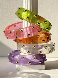 HUANQI Geometric Transparent Glitter Gold Color Bean Colored Round Resin Bracelet for Women Simple Fashion Elegant Jewelry 2024