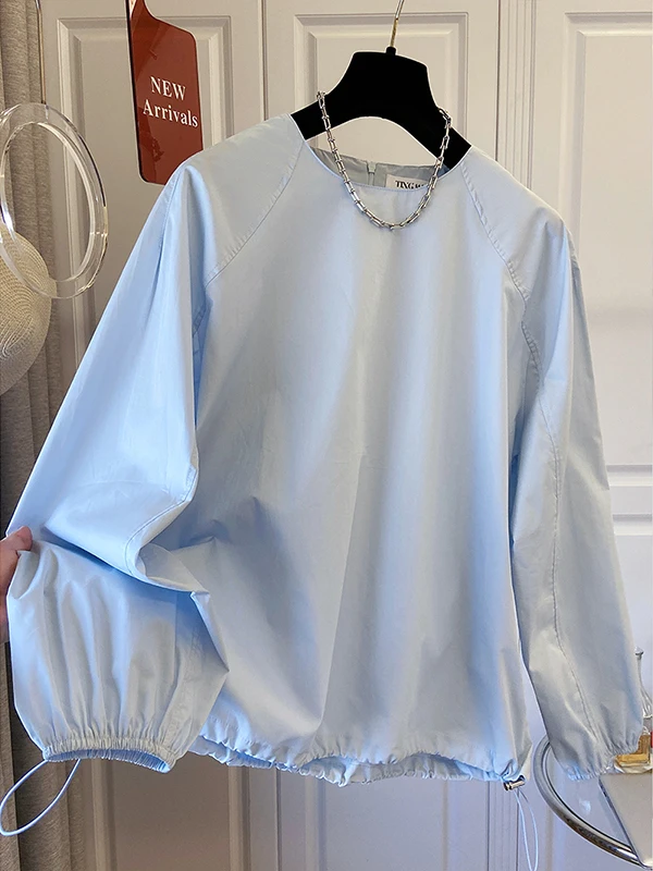 Unique Ele round Ne Long Sve Loose irt Women's Overhead Top Faionable Comfortable Autumn Season Pure Color irt