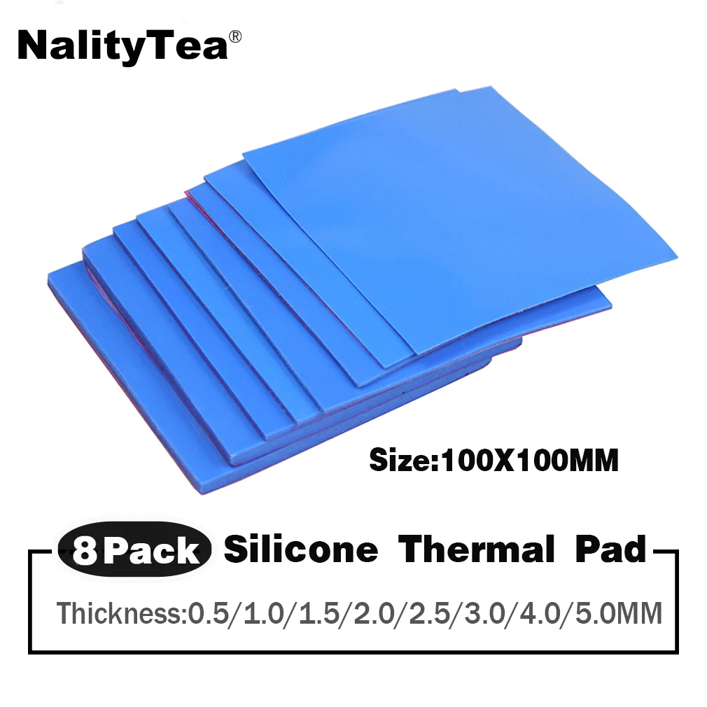 8pcsNality Tea100x100x0.5mm 1mm1.5mm 2mm 2.5mm 3mm 4mm 5mm Blue White Green Combination Thermal Pads Cooling Conductive Silicone