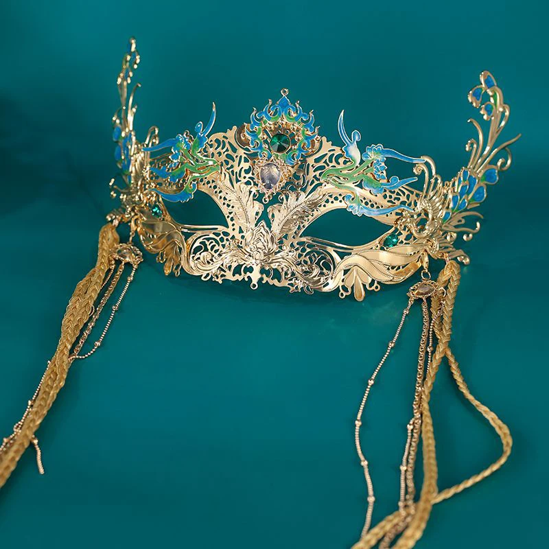 Exotic Oriental Golden Metal Hanfu Mask Long Tassel Face Veil Fairy Dance Bride Wedding Cosplay Photo Shoot Decorative Accessory