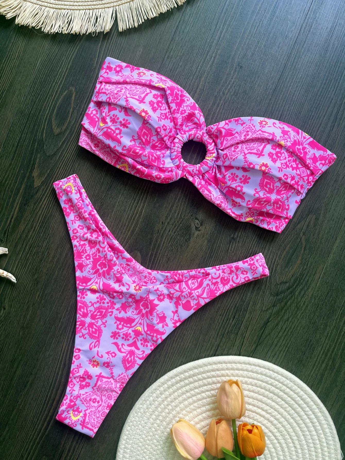 

Melphieer Sexy Bandeau Pink Bikini Set Women's Swimsuit Two-piece Luxury Ring Swimwear Bathing Suit Brazilian Biquinis E6007