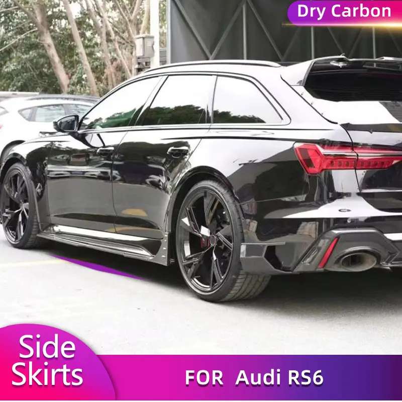 Extensões de saias laterais do carro de fibra de carbono seco para audi rs6 avant wagon 4 portas 2019-2021 kits de corpo do lábio da saia da porta lateral automática