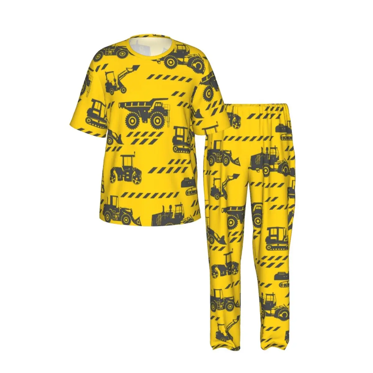 Men Pajamas Suit Short Sleeved Long Pants Cartoon Machinery Truck Sleepwear Summer Home Clothing Set