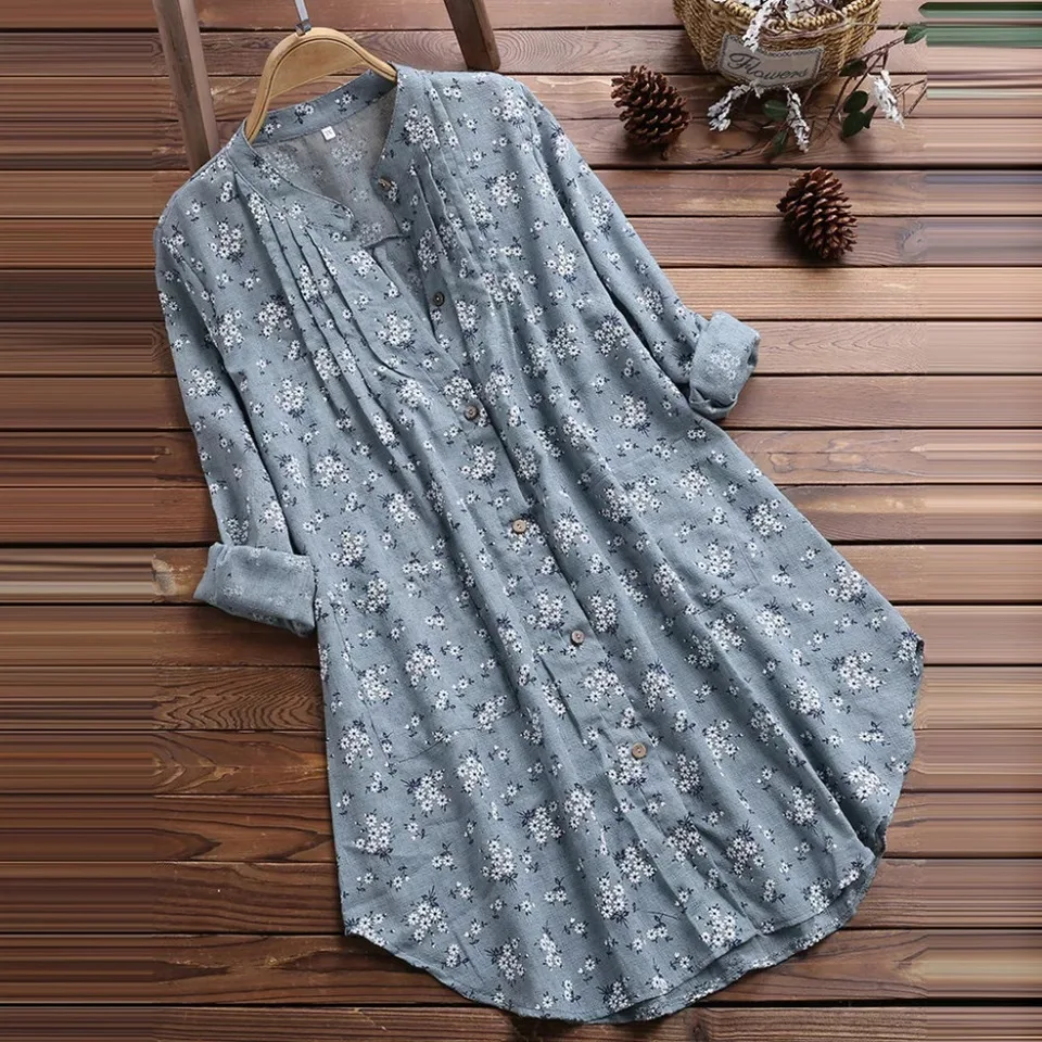 Blusa larga de algodón para mujer de talla grande con estampado Floral irt, Top informal para mujer, ajuste cómodo, botón largo Sve