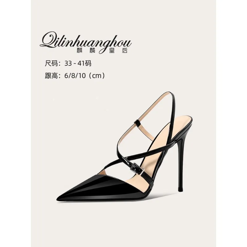 

High heels, women's summer straight cross buckle with black pointed spicy sandals, women's high-end sexy niche women's shoes