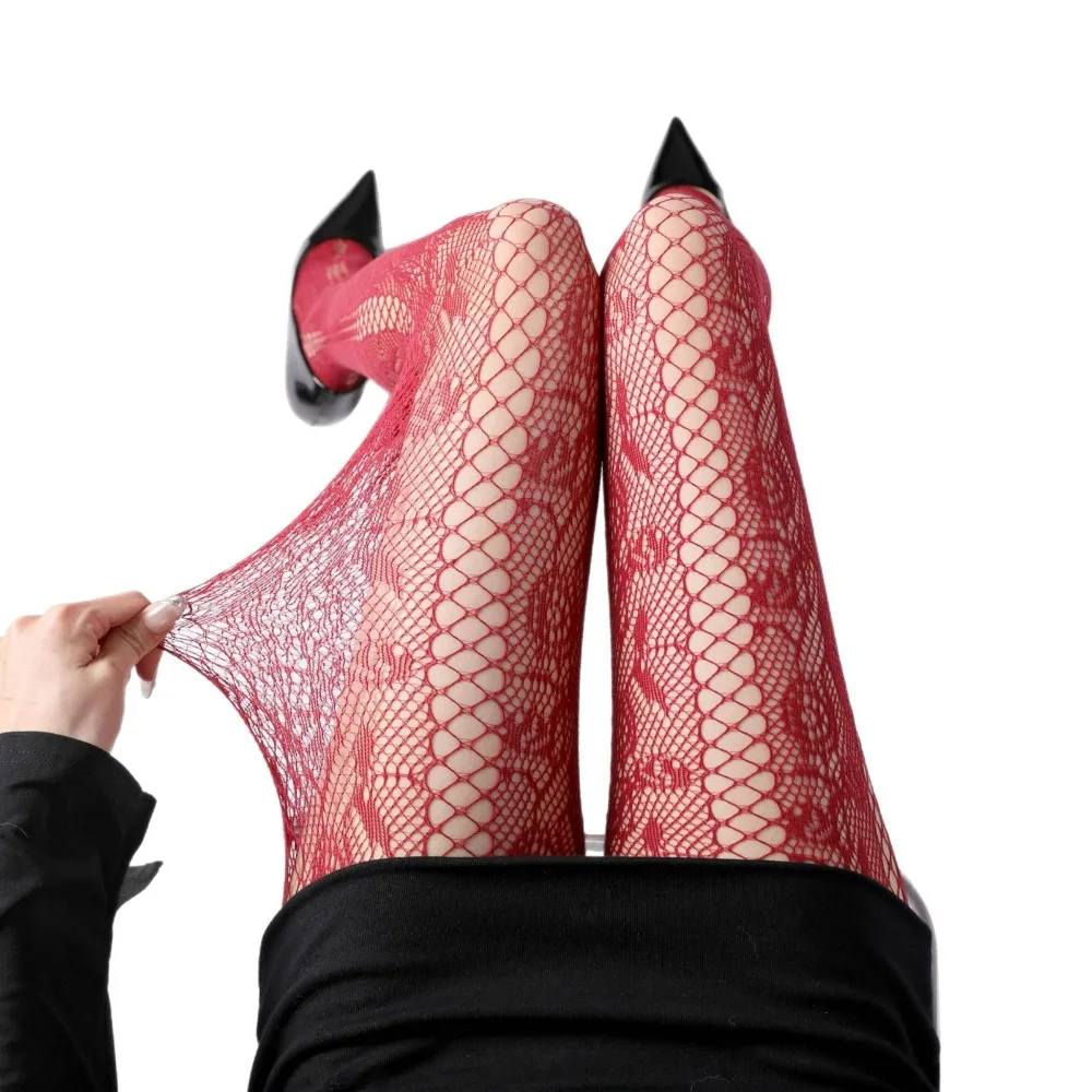 Sexy Midnight Red Rose Hollow Pantyhose Women's Vertical Large Mesh Retro Patterned Patterns Transparent Stockings Lady's Gift