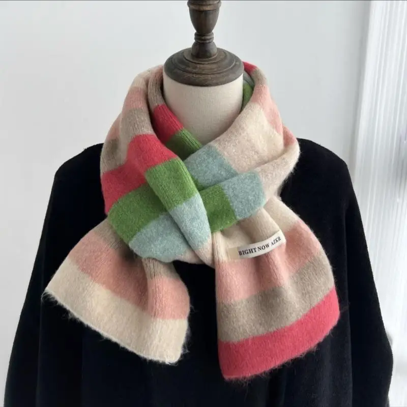 Y2K Rainbow Striped Knitted Scarf Short Scarves Harajuku  Wool Knit Neck Scarf Winter Thick Scarves For Women Girls Neckerchief