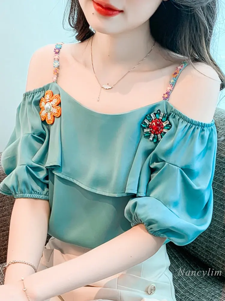 2023 Summer Women\'s Vacation Blouse New Ruffled Sweet Fresh Off-Shoulder Embroidered Chiffon Shirt Sling Top Green Blusas