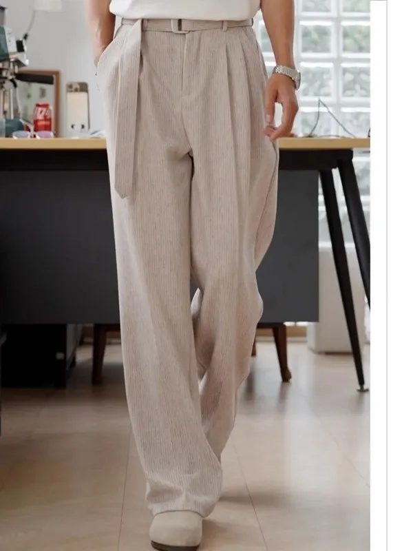 

New 2025 Men's Casual Loose Fit Trousers Faionable Mix Fibre Linen Material Vertical Texture mid Waist Comfortable Leisure ...