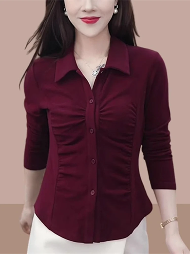 

Приталенный топ с длинным рукавом, однотонный, с зауженной талией, в корейском стиле, с пуговицами, стандартной длины, с воротником