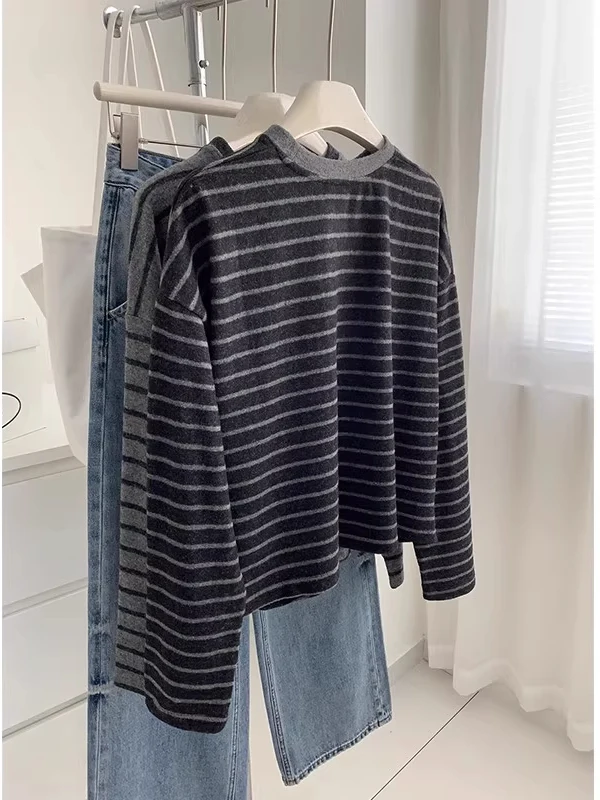

plus Size 300 Pou American Retro Color Blo Striped Long Sve T-irt ex Autumn Winter Loose round Ne Casual Top