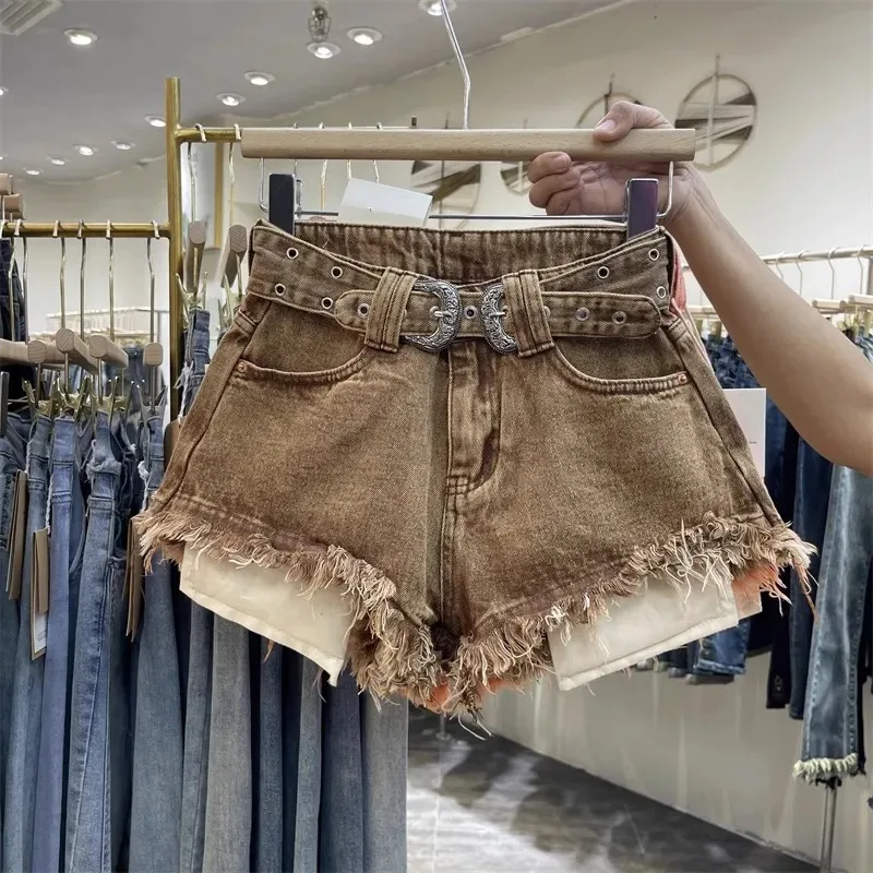 

Women's Washed Denim Shorts High Waist Frayed Hem Hot Pants with Double Buckle Belt