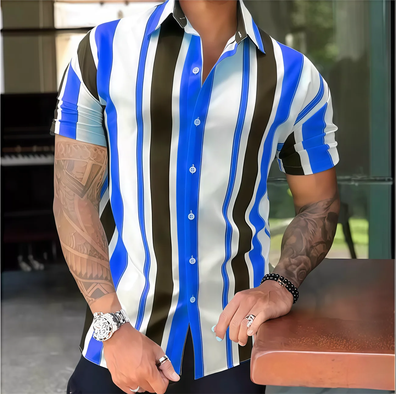 Men's shirts casual striped colorful print short-sleeved shirts lapel shirts fashionable and comfortable large size tops XS-5XL