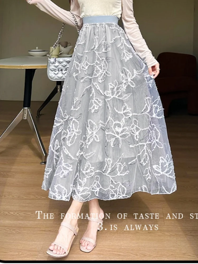 Smthma 2025 nova primavera/verão bordado a linha saia feminina emagrecimento cintura elástica emenda saia de comprimento médio