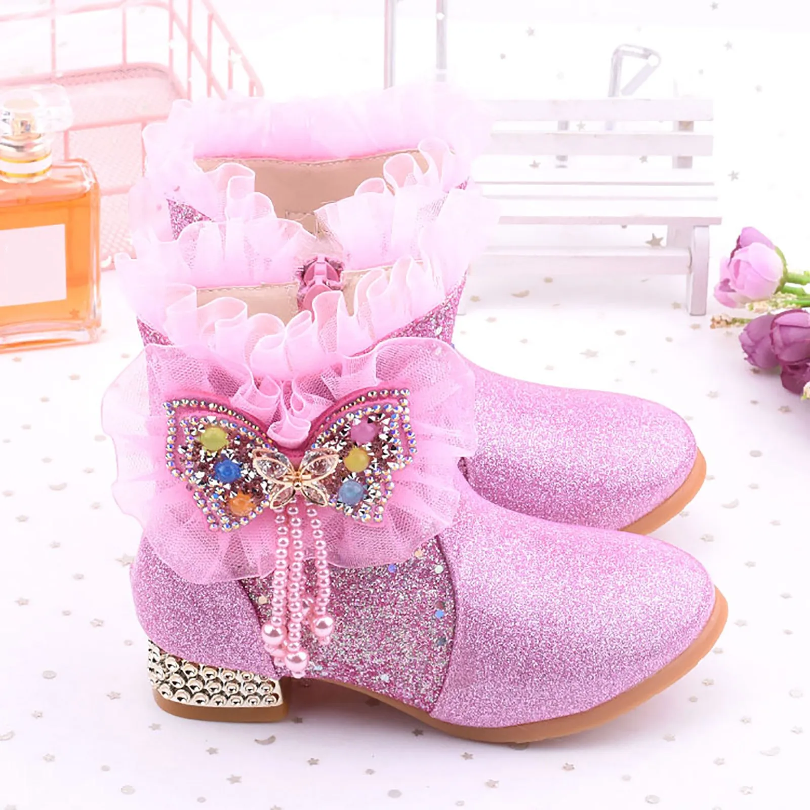 Girls Princess Boots Autumn Winter Sequins Butterfly Beading Tassel Sweet Boots Children\'s Flat Leather Shoes 2024 New Booties