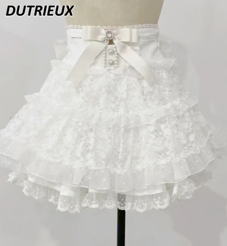 

Japanese Style Mine Mass-Produced Girl Sweet Cute Short Skirt High Waist Puffy Lace Bow Ruffled A-line Mini Skirts for Women