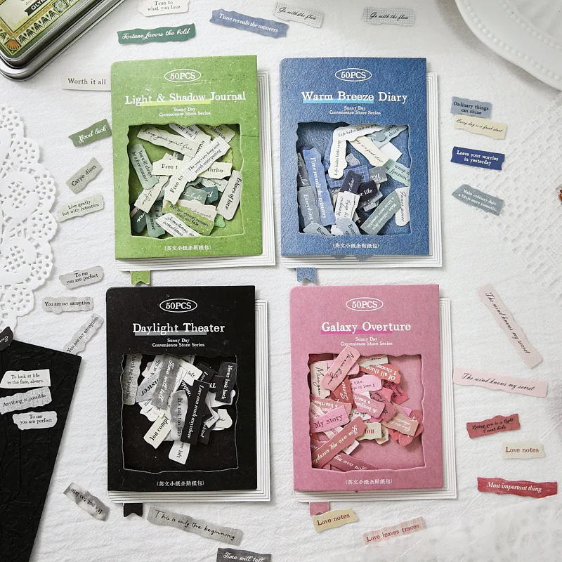JCAC 50pcs/bag Sunny Convenience Store English Text Stickers, Aesthetic Journal Phone Back Card DIY Collage Pack