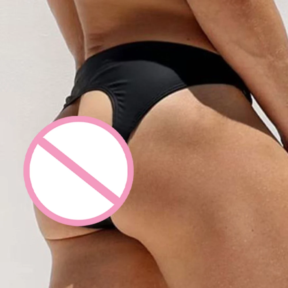 

Men Solid Color Sexy Lingerie Breathable Pouch Underwear Hollow Out Underpants Exposed Butt Panties Soft Sleep Thong G-String