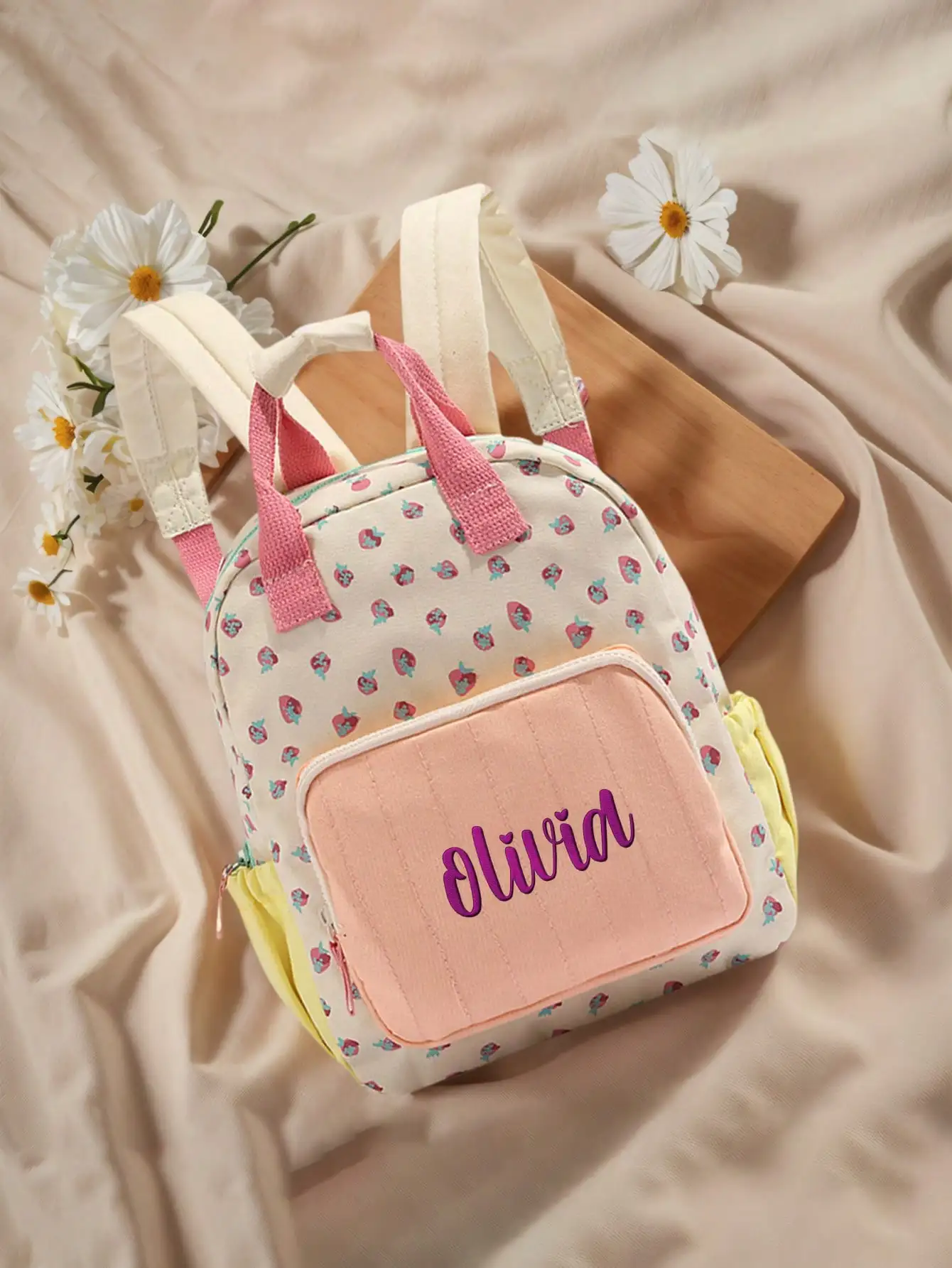 Cute Strawberry Kids Backpack Custom Embroidery Name School Bag for Girls Toddler Canvas Rucksack Kindergarten Children Book Bag
