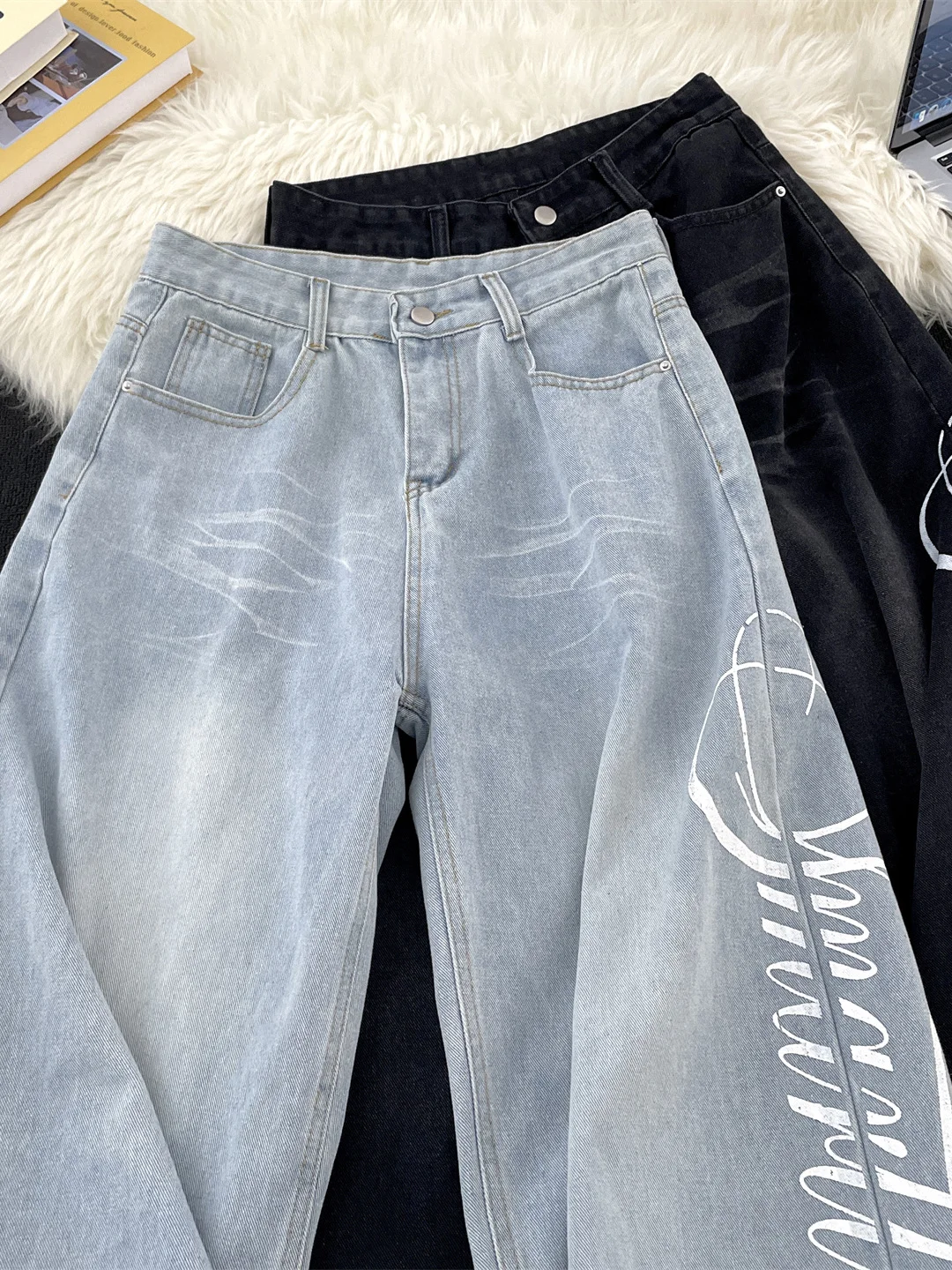American Letter Printed Jeans For Men Autumn Fashion Washed Retro Denim Pants Casual High Street Loose Male Trousers
