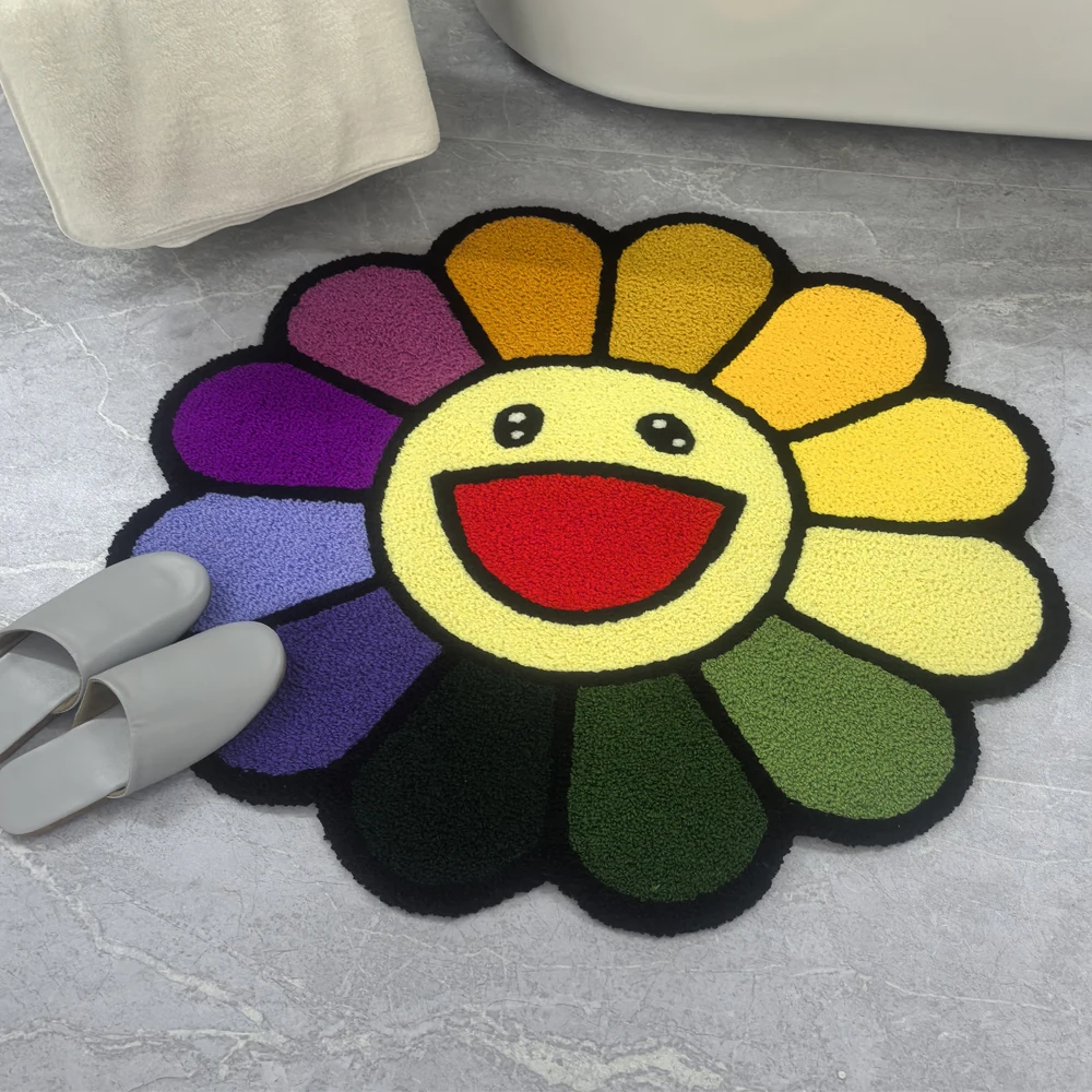 Customizable handcrafted round irregular colorful smiley face sunflower sunflower bedroom rug floral carpet hanging basket rocki